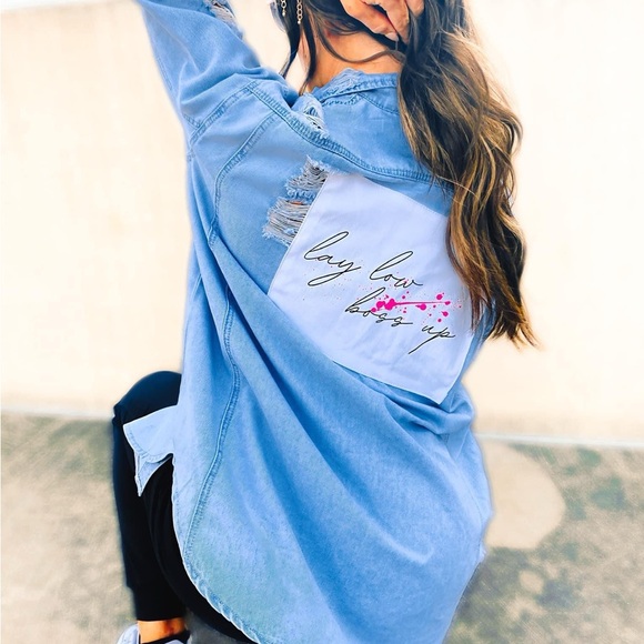Blue Denim Shirt with Graphic Patch - Picture 1 of 8